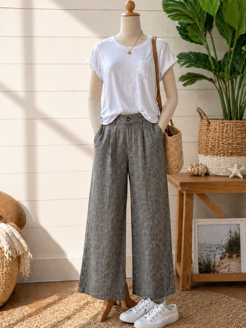 Lands' End Wide-Leg Linen-Blend Pants in Gray